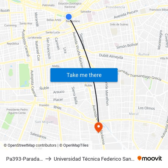 Pa393-Parada 1 / Plaza Italia to Universidad Técnica Federico Santa María, Campus San Joaquín map