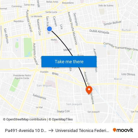 Pa491-Avenida 10 De Julio / Esq. San Francisco to Universidad Técnica Federico Santa María, Campus San Joaquín map