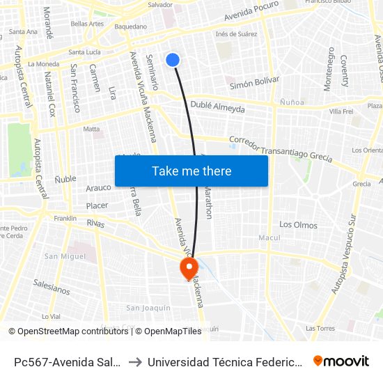 Pc567-Avenida Salvador / Esq. Santa Isabel to Universidad Técnica Federico Santa María, Campus San Joaquín map