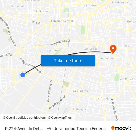 Pi224-Avenida Del Ferrocarril / Esq. 4 Álamos to Universidad Técnica Federico Santa María, Campus San Joaquín map