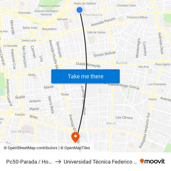 Pc50-Parada / Hospital Calvo Mackenna to Universidad Técnica Federico Santa María, Campus San Joaquín map