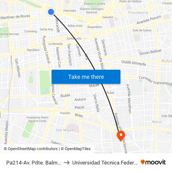 Pa214-Av. Pdte. Balmaceda / Esq. Hnos. Amunátegui to Universidad Técnica Federico Santa María, Campus San Joaquín map