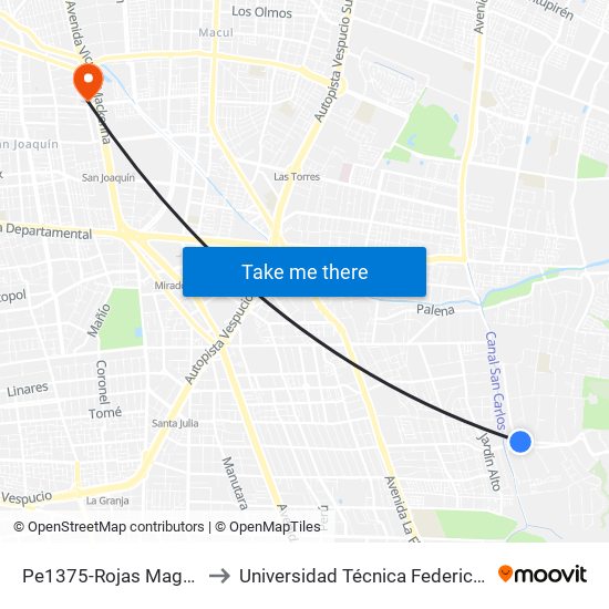 Pe1375-Rojas Magallanes / Esq. El Hualle Sur to Universidad Técnica Federico Santa María, Campus San Joaquín map