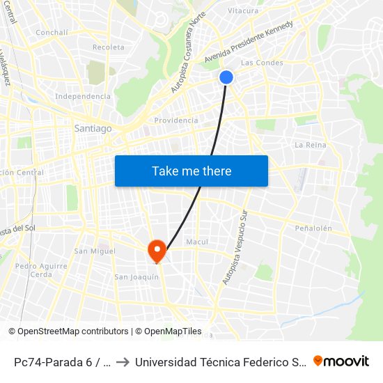 Pc74-Parada 6 / (M) Escuela Militar to Universidad Técnica Federico Santa María, Campus San Joaquín map