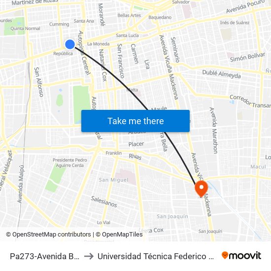 Pa273-Avenida Brasil / Esq. Alameda to Universidad Técnica Federico Santa María, Campus San Joaquín map