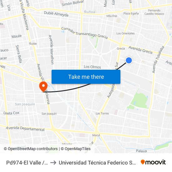 Pd974-El Valle / Esq. Santa María to Universidad Técnica Federico Santa María, Campus San Joaquín map