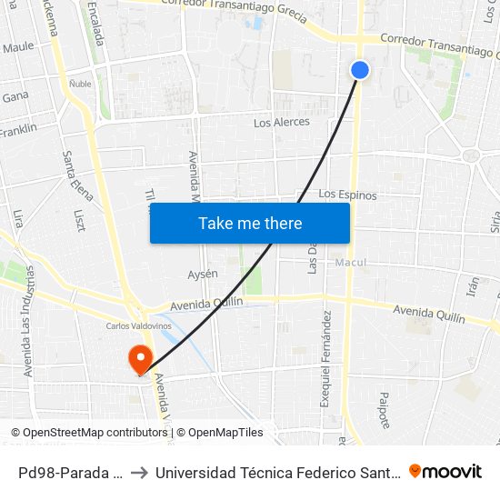 Pd98-Parada / Utem Macul to Universidad Técnica Federico Santa María, Campus San Joaquín map