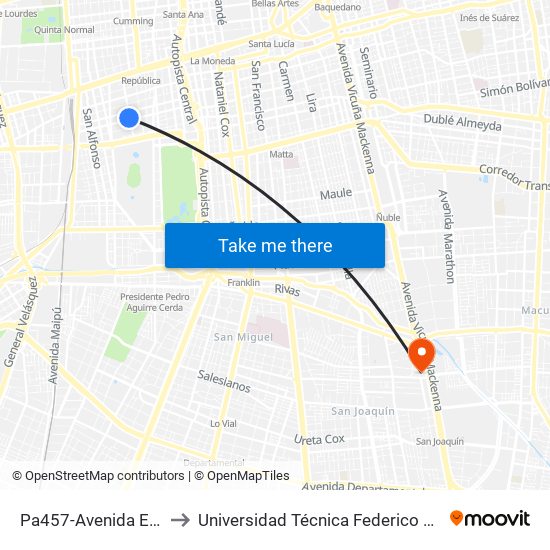 Pa457-Avenida España / Esq. Toesca to Universidad Técnica Federico Santa María, Campus San Joaquín map