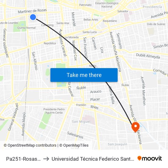 Pa251-Rosas / Esq. Maipú to Universidad Técnica Federico Santa María, Campus San Joaquín map