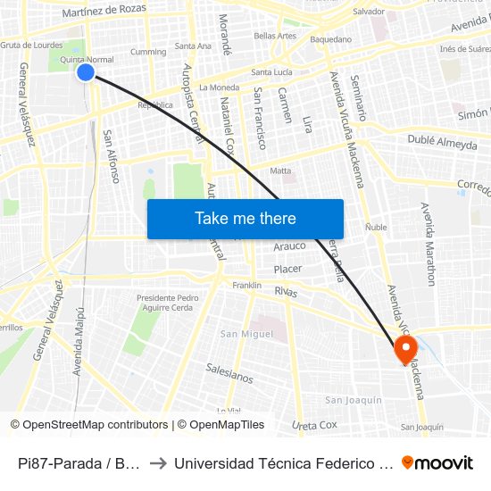 Pi87-Parada / Biblioteca De Santiago to Universidad Técnica Federico Santa María, Campus San Joaquín map