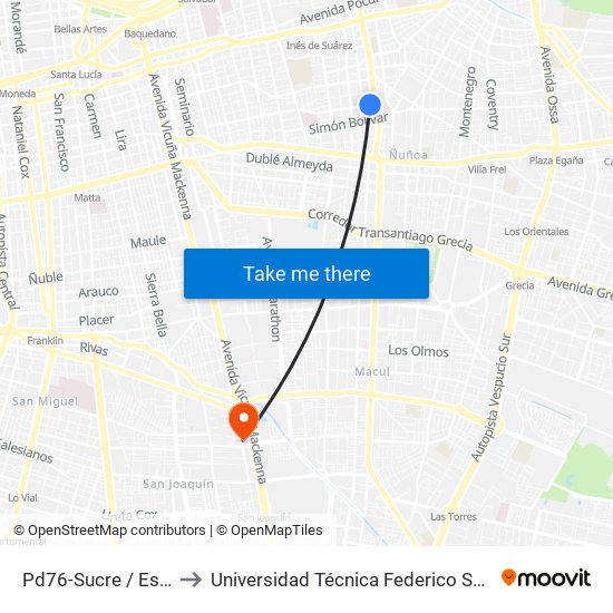 Pd76-Sucre / Esq. Avenida Suecia to Universidad Técnica Federico Santa María, Campus San Joaquín map