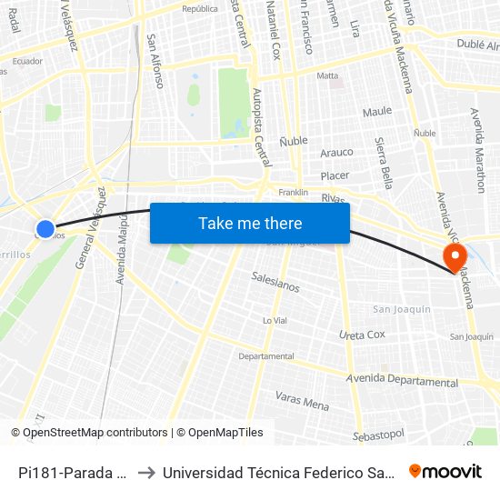 Pi181-Parada 1 / (M) Cerrillos to Universidad Técnica Federico Santa María, Campus San Joaquín map