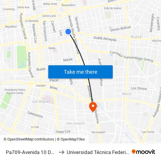 Pa709-Avenida 10 De Julio / Esq. Camilo Henríquez to Universidad Técnica Federico Santa María, Campus San Joaquín map