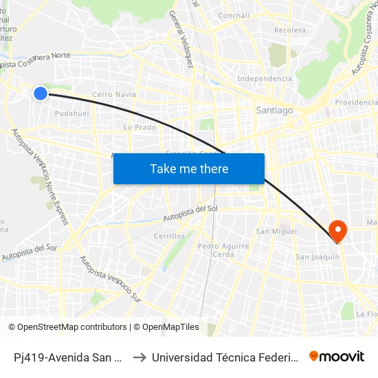 Pj419-Avenida San Daniel / Esq. Psje. San Daniel to Universidad Técnica Federico Santa María, Campus San Joaquín map