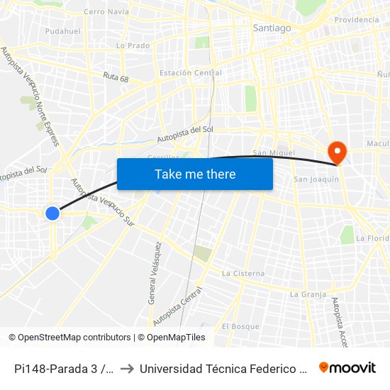 Pi148-Parada 3 / (M) Plaza De Maipú to Universidad Técnica Federico Santa María, Campus San Joaquín map