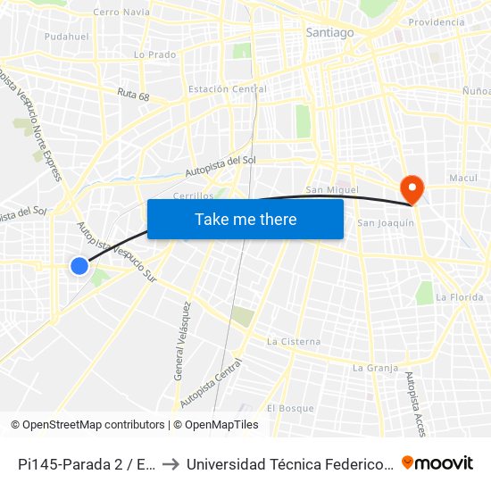 Pi145-Parada 2 / Estadio Santiago Bueras to Universidad Técnica Federico Santa María, Campus San Joaquín map