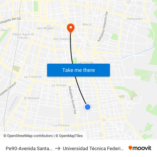 Pe90-Avenida Santa Raquel / Esq. Rafael Matus to Universidad Técnica Federico Santa María, Campus San Joaquín map