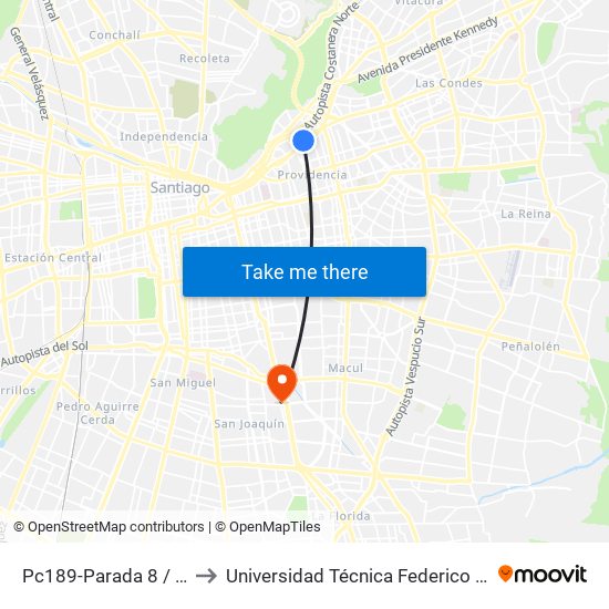 Pc189-Parada 8 / (M) Pedro De Valdivia to Universidad Técnica Federico Santa María, Campus San Joaquín map