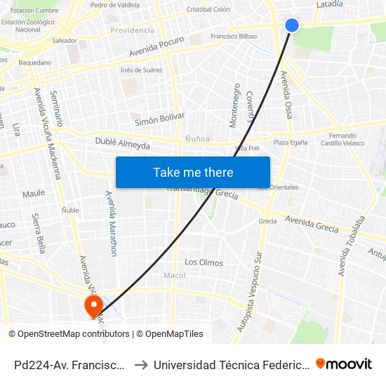 Pd224-Av. Francisco Bilbao / Esq. Av. S. Elcano to Universidad Técnica Federico Santa María, Campus San Joaquín map