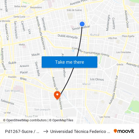 Pd1267-Sucre / Esq. Av. Ricardo Lyon to Universidad Técnica Federico Santa María, Campus San Joaquín map