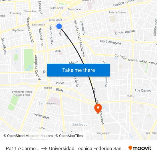 Pa117-Carmen / Esq. Marín to Universidad Técnica Federico Santa María, Campus San Joaquín map