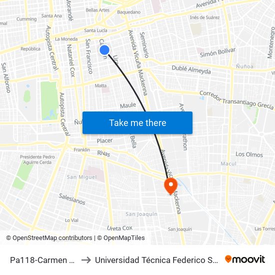 Pa118-Carmen / Esq. Santa Isabel to Universidad Técnica Federico Santa María, Campus San Joaquín map