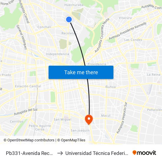 Pb331-Avenida Recoleta / Esq. Alfredo Rosende to Universidad Técnica Federico Santa María, Campus San Joaquín map