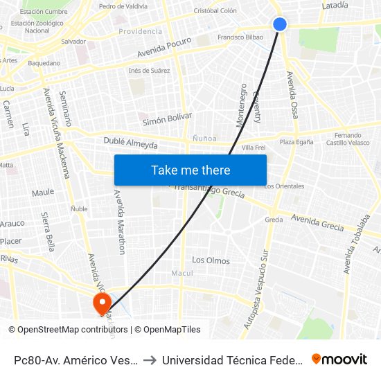 Pc80-Av. Américo Vespucio / Esq. Av. Francisco Bilbao to Universidad Técnica Federico Santa María, Campus San Joaquín map