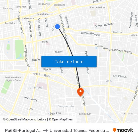 Pa685-Portugal / Esq. Av. 10 De Julio to Universidad Técnica Federico Santa María, Campus San Joaquín map