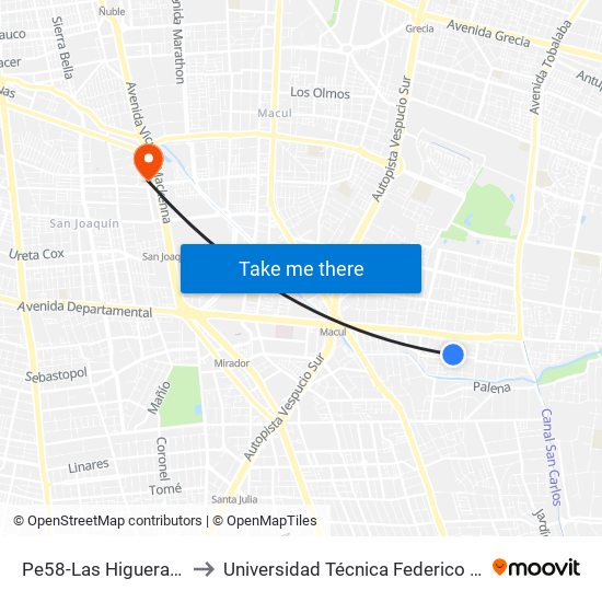 Pe58-Las Higueras / Esq. Volcán Llaima to Universidad Técnica Federico Santa María, Campus San Joaquín map