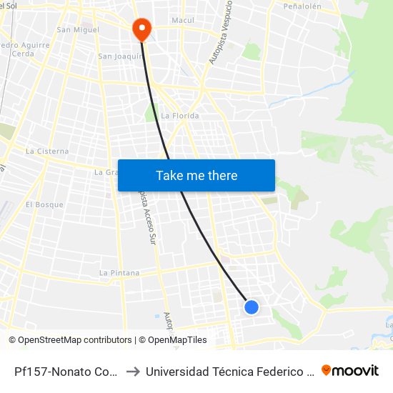 Pf157-Nonato Coo / Esq. Av. San Carlos to Universidad Técnica Federico Santa María, Campus San Joaquín map