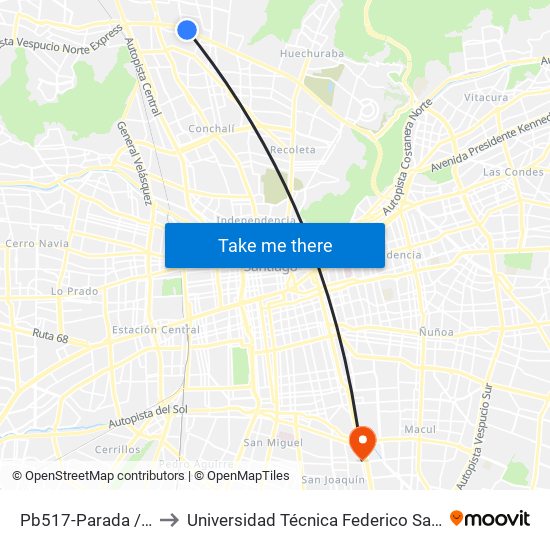 Pb517-Parada / Mall Plaza Norte to Universidad Técnica Federico Santa María, Campus San Joaquín map