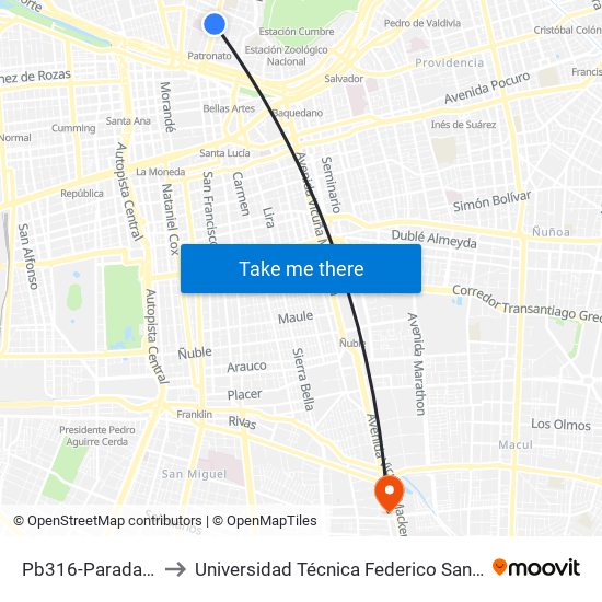 Pb316-Parada / Clínica Dávila to Universidad Técnica Federico Santa María, Campus San Joaquín map