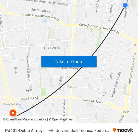 Pd432-Dublé Almeyda / Esq. Ramón Cruz Montt to Universidad Técnica Federico Santa María, Campus San Joaquín map