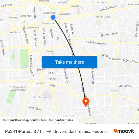 Pa341-Parada 3 / (M) Universidad Católica to Universidad Técnica Federico Santa María, Campus San Joaquín map