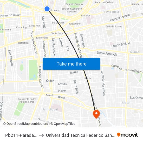 Pb211-Parada / Vega Central to Universidad Técnica Federico Santa María, Campus San Joaquín map