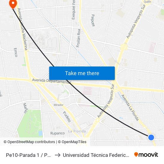 Pe10-Parada 1 / Paradero 14 Av. La Florida to Universidad Técnica Federico Santa María, Campus San Joaquín map