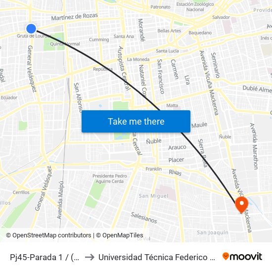 Pj45-Parada 1 / (M) Gruta De Lourdes to Universidad Técnica Federico Santa María, Campus San Joaquín map