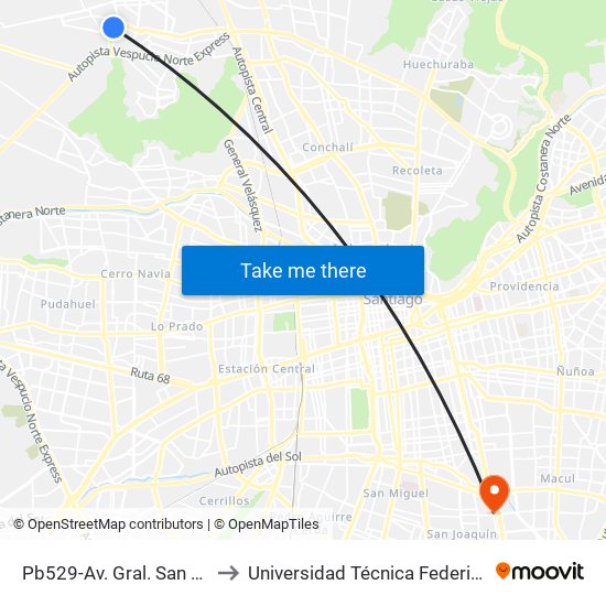 Pb529-Av. Gral. San Martín / Esq. Sgto. Candelaria to Universidad Técnica Federico Santa María, Campus San Joaquín map