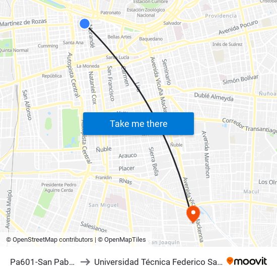 Pa601-San Pablo / Esq. Teatinos to Universidad Técnica Federico Santa María, Campus San Joaquín map