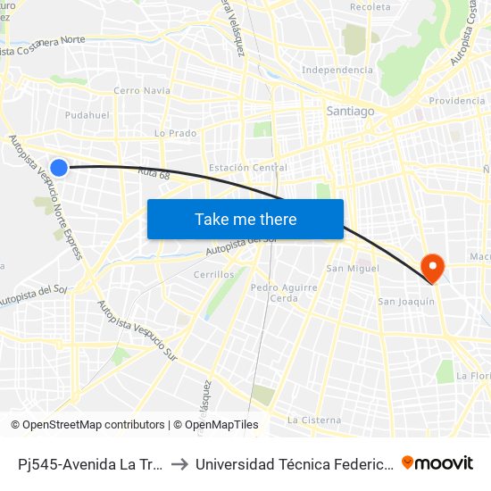 Pj545-Avenida La Travesía / Esq. Río Apurimac to Universidad Técnica Federico Santa María, Campus San Joaquín map