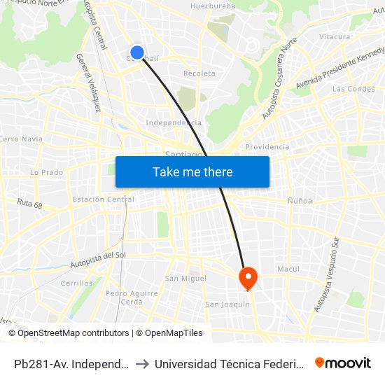 Pb281-Av. Independencia / Esq. Teniente Ponce to Universidad Técnica Federico Santa María, Campus San Joaquín map