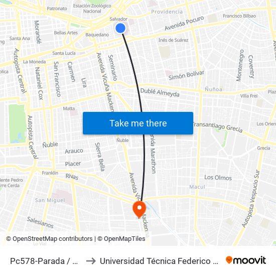 Pc578-Parada / Hospital Del Salvador to Universidad Técnica Federico Santa María, Campus San Joaquín map
