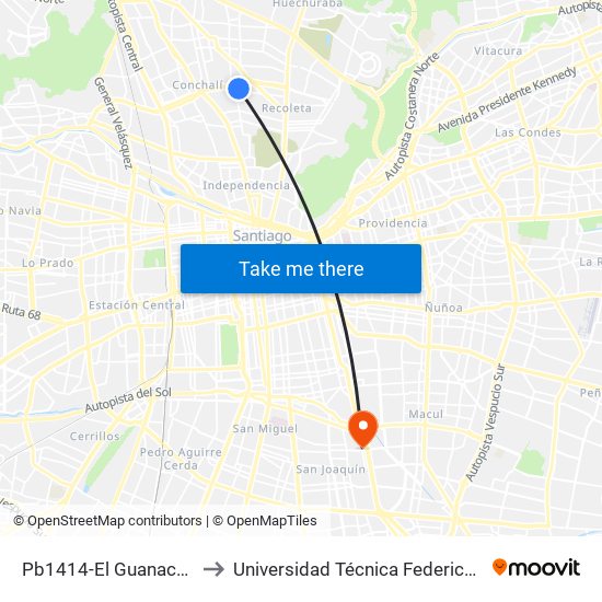 Pb1414-El Guanaco / Esq. Cerro La Cumbre to Universidad Técnica Federico Santa María, Campus San Joaquín map