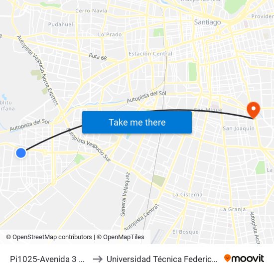 Pi1025-Avenida 3 Poniente / Esq. Las Basas to Universidad Técnica Federico Santa María, Campus San Joaquín map