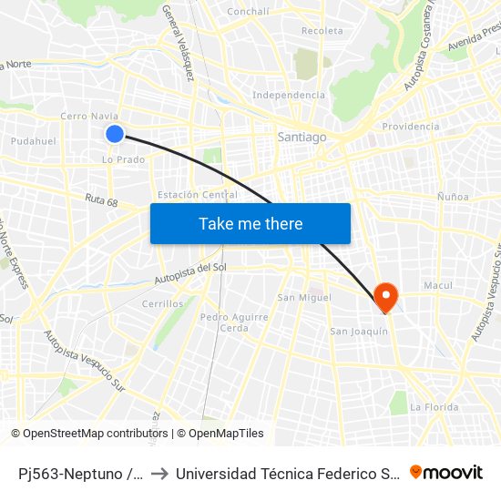 Pj563-Neptuno / Esq. Vicuña Rozas to Universidad Técnica Federico Santa María, Campus San Joaquín map