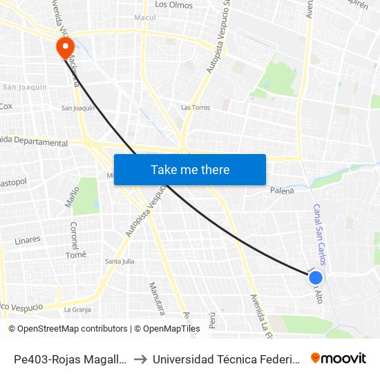 Pe403-Rojas Magallanes / Esq. Psje. Jardín Alto to Universidad Técnica Federico Santa María, Campus San Joaquín map