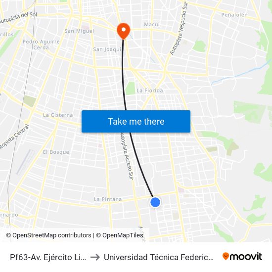 Pf63-Av. Ejército Libertador / Esq. Puquios to Universidad Técnica Federico Santa María, Campus San Joaquín map