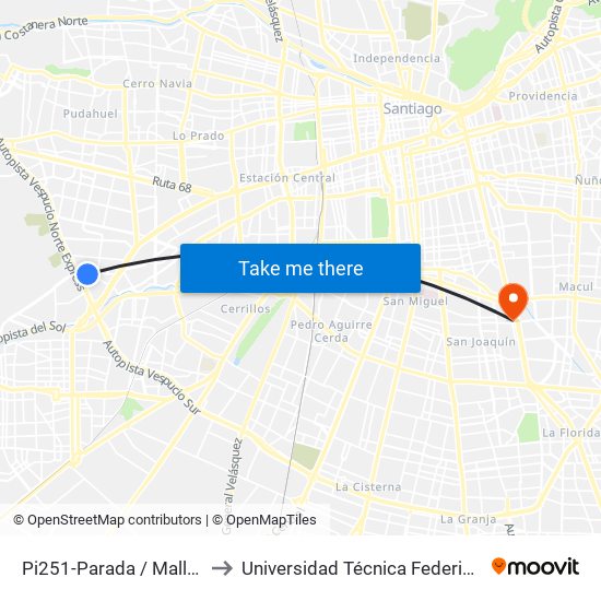 Pi251-Parada / Mall Arauco Maipú - Santa Elena to Universidad Técnica Federico Santa María, Campus San Joaquín map