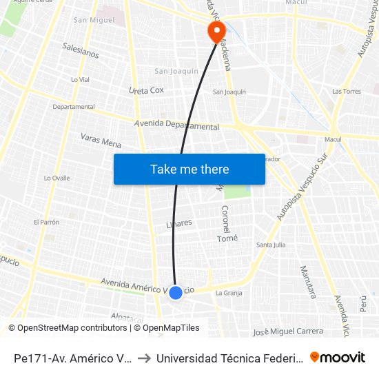 Pe171-Av. Américo Vespucio / Esq. Av. Santa Rosa to Universidad Técnica Federico Santa María, Campus San Joaquín map